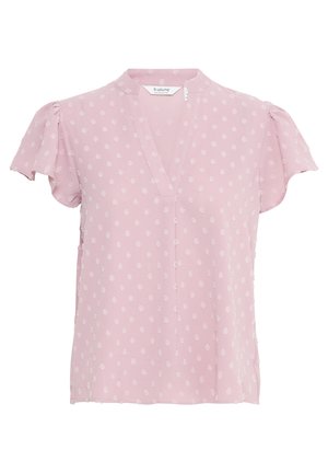 Roosa pluus lühikeste puffvarrukatega, millel on V-meel ja tekstuuriga valged täpid üle kogu pinna. Pehme, kerge kangas.