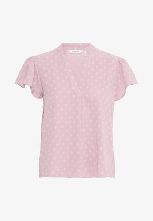 Blusa rosa con maniche a palloncino corte, caratterizzata da un colletto a V e pois bianchi testurizzati su tutta la superficie. Tessuto morbido e leggero.