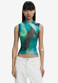 Multicolored sleeveless top featuring a fitted design with blue, green, and brown abstract patterns; smooth, stretchy fabric; high neckline.