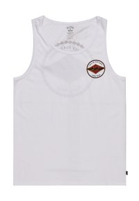 White cotton tank top with a round neckline. Features a circular embroidered logo with waves and text, positioned on the chest.