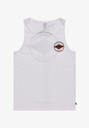 White cotton tank top with a round neckline. Features a circular embroidered logo with waves and text, positioned on the chest.