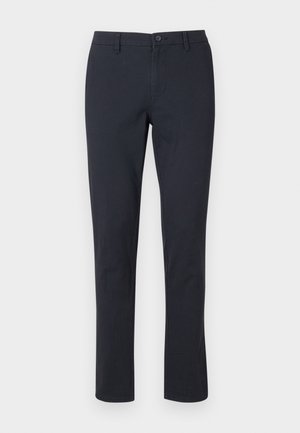 Black cotton trousers with a straight-leg design, a button closure, and side pockets; smooth texture and no visible patterns.