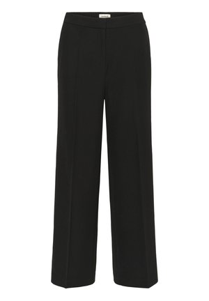 Black wide-leg trousers with a smooth texture and a high waistband. Features front pleats for added detail and a clean, minimalist design.