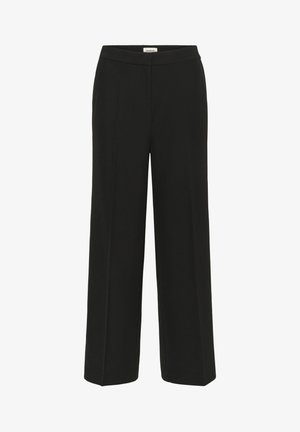 Czarne spodnie o szerokich nogawkach, gładka faktura i wysoki stan. Posiadają pliski z przodu jako dodatkowy detal oraz czysty, minimalistyczny design.