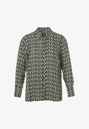 Schwarz-weiße gemusterte Hemd mit Kragen, das gewellte Linien und lange Ärmel mit gestreiften Manschetten aufweist. Hergestellt aus leichtem Gewebe.