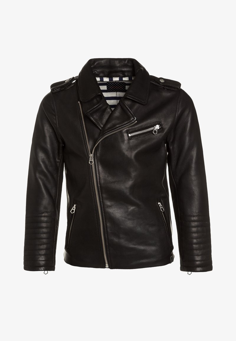 Veste de moto en cuir noir avec des zips diagonaux, matériel en argent, texture matelassée sur les manches et doublure rayée.