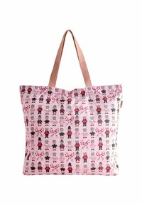 Borsa tote in tessuto rosa a fantasia, con piccoli personaggi e bastoncini di zucchero, rifinita con spallacci color marrone chiaro.