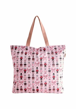 Tote bag met een roze gemusterde stof met kleine figuurtjes en zuurstokken, afgewerkt met lichtbruine schouderbanden.