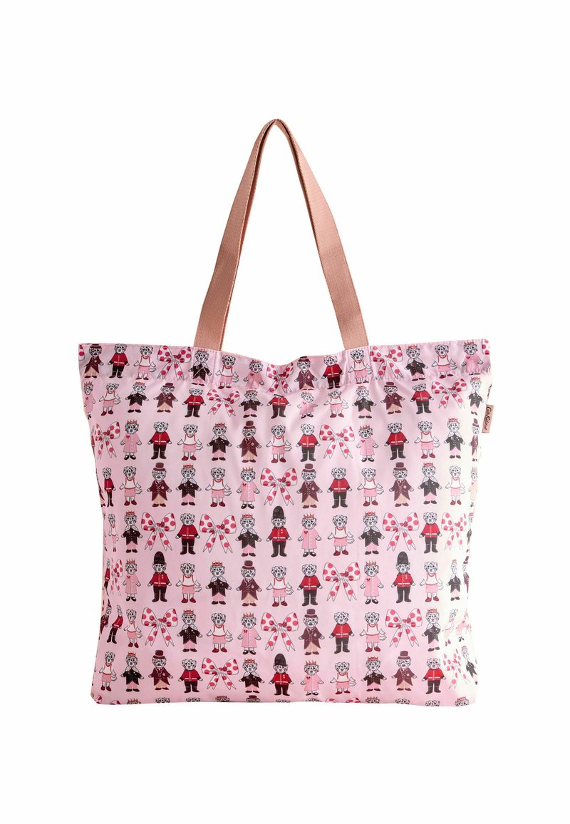 Borsa tote in tessuto rosa a fantasia, con piccoli personaggi e bastoncini di zucchero, rifinita con spallacci color marrone chiaro.