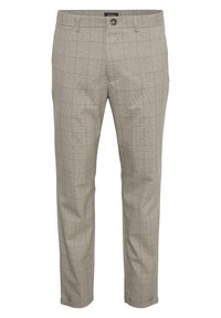 Beige ruudulliset housut, jotka on valmistettu kevyestä kankaasta, ja niissä on suora lahje, nappisuljenta sekä kaksi sivutaskua.