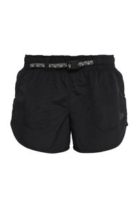 Svart lätta shorts med elastisk midja och fäst svart och vit mönstrad bälte, framfickor och rundade nederkanter.