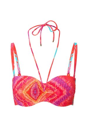 Bikini vrch v žiarivej ružovej farbe, s dizajnom na viazanie vzadu, multicolor vzormi a nastaviteľnými ramienkami pre pohodlné nosenie. Hladký materiál.