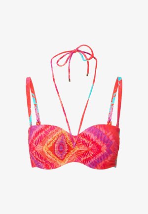 Bikini horní díl v živě růžové barvě, s designem na zavazování vzadu a multibarevnými vzory, s nastavitelnými ramínky pro bezpečné nošení. Hladká textilie.