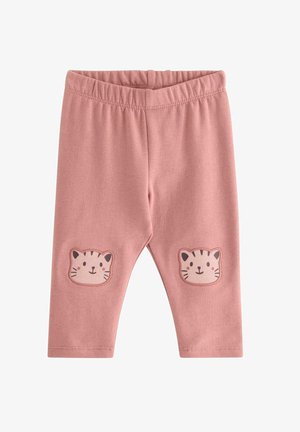 Růžové bavlněné legíny s aplikacemi kočičích obličejů na kolenou. Elastický pas a měkký, elastický materiál pro pohodlí.