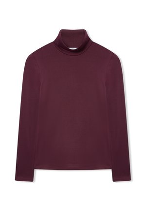 Burgundowy golf z długim rękawem, wykonany z gładkiego, elastycznego materiału, z dopasowanymi rękawami i wysokim kołnierzem. Bez wzorów ani ozdób.