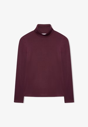 Burgundowy golf z długim rękawem, wykonany z gładkiego, elastycznego materiału, z dopasowanymi rękawami i wysokim kołnierzem. Bez wzorów ani ozdób.