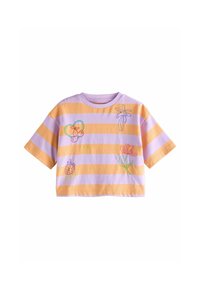 T-shirt découpe en lavande et orange à rayures, en coton, avec des motifs colorés brodés de fleurs et de formes sur l'ensemble.