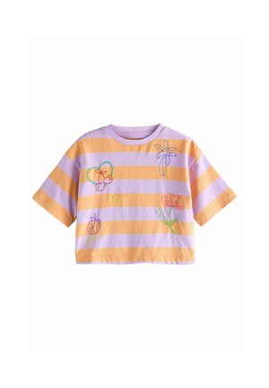 Tricou scurt, cu dungi lavandă și portocalii, realizat din bumbac, având motive brodate colorate cu flori și forme pe întreaga suprafață.