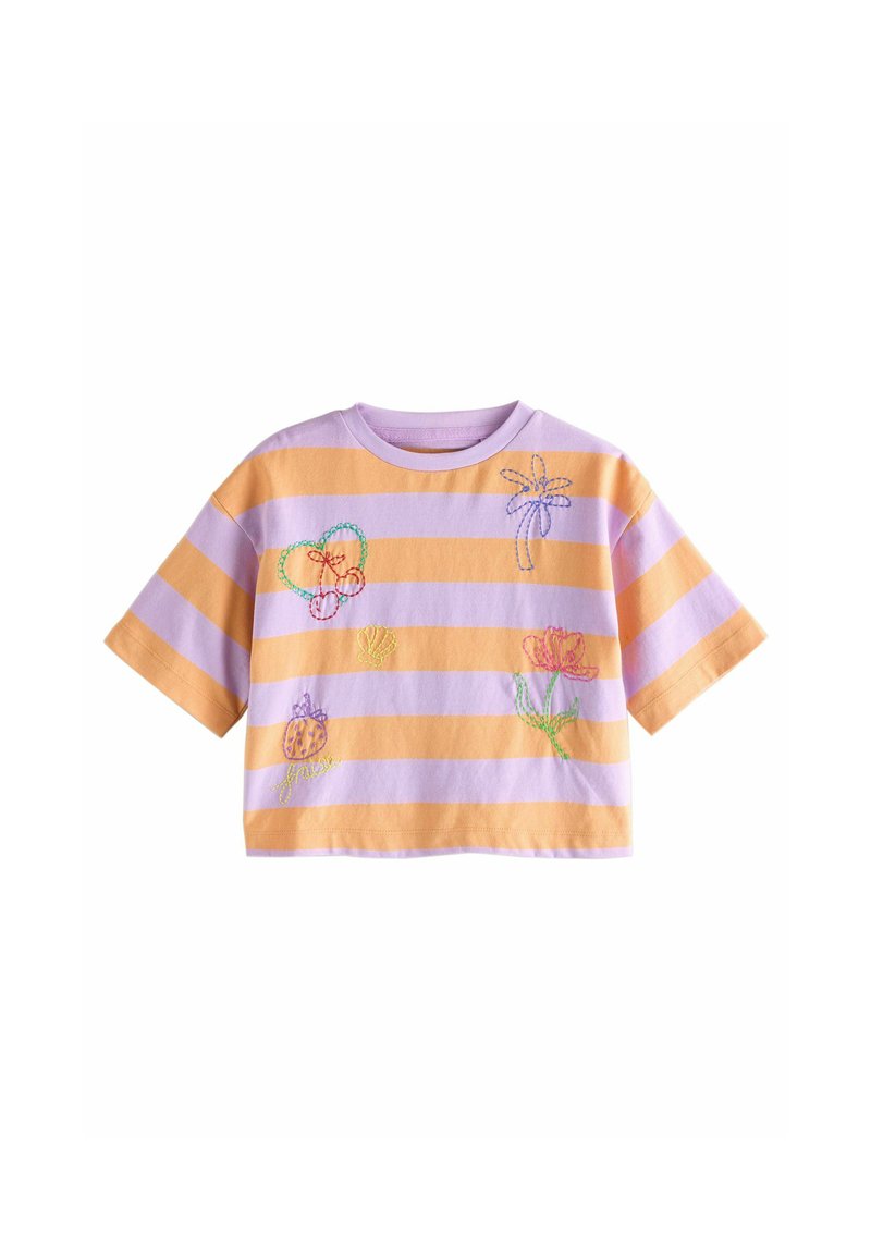 T-shirt découpe en lavande et orange à rayures, en coton, avec des motifs colorés brodés de fleurs et de formes sur l'ensemble.