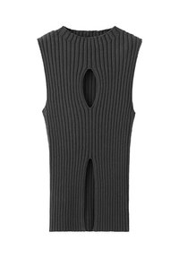 Top sin mangas de punto acanalado gris oscuro con escote redondo y dos aberturas verticales estilo ojo de cerradura, una cerca del pecho y otra cerca del dobladillo.