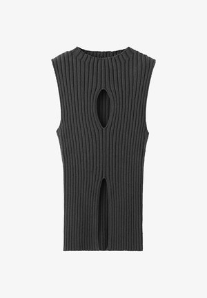 Mouwloze donkergrijze geribbelde gebreide top met een ronde hals en twee verticale openingen, één vlak bij de borst en één vlak bij de zoom.