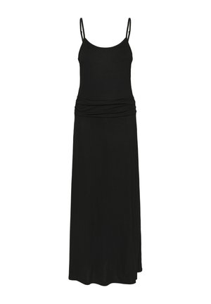 Melnā maxi kleita ar plānām siksnām, savākta jostas detaļa un gluda auduma. Tās forma ir vienkārša, pagarināta un griezuma garums ir līdz zemei.