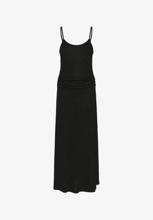 Zwarte maxijurk met dunne bandjes, geplooide taille en gladde stof. Het heeft een eenvoudige, verlengde vorm en een vloerlangen snit.