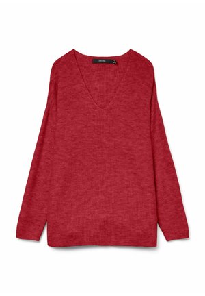 Suéter de punto rojo con un profundo escote en V, mangas largas y textura de canalé. Presenta un corte holgado y hombros caídos para mayor comodidad.