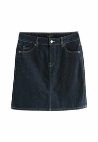 Denim rok met een donkere wassing, vijf zakken, een sluiting met een knoop aan de voorkant en contrasterende gele stiksels langs de naden.