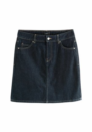 Denimrock mit dunkler Waschung, fünf Taschen-Design, Frontknopfverschluss und kontrastierend gelben Nähten entlang der Säume.