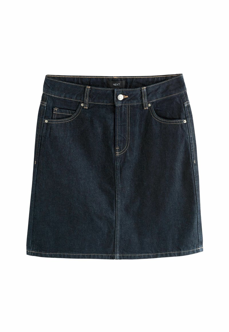 Denim rok met een donkere wassing, vijf zakken, een sluiting met een knoop aan de voorkant en contrasterende gele stiksels langs de naden.