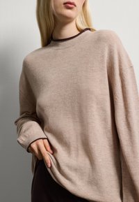 Pull beige clair avec un col rond, des finitions contrastantes en marron foncé, des manches longues et un tricot doux et texturé. Mis en valeur par une coupe décontractée.