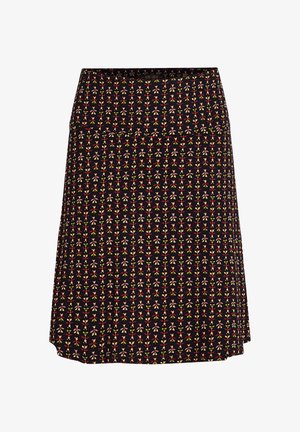 Jupe évasée en tissu noir ornée d'un motif floral avec des fleurs roses et des feuilles vertes. Texture lisse, longueur jusqu'aux genoux.