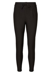 Svarta rutiga byxor med elastisk midja, dragsnodd och två framfickor. Slim fit och slät textur.