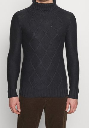 Marineblauwe gebreide trui met een geribbelde col, voorzien van een gestructureerd diamantpatroon en een licht getailleerde vorm. Gemaakt van een wolmix.