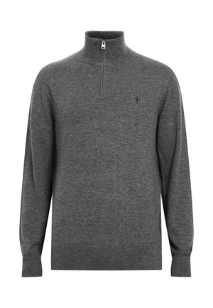 Gray knit sweater with a high collar and half-zip closure. Long sleeves and ribbed cuffs. Features a small logo on the chest.