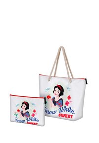 Sac en toile et pochette assortie, blanche avec des accents rouges. Présente un graphisme de Blanche-Neige, des motifs floraux et des anses en corde.