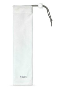 Pochette en tissu blanc Philips avec une fermeture à cordon, au design plat, texture lisse et logo imprimé en bas.
