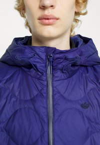 Giacca trapuntata viola con cappuccio, dotata di zip frontale, logo nero e dettagli con lacci. Il tessuto ha una superficie liscia e lucida.