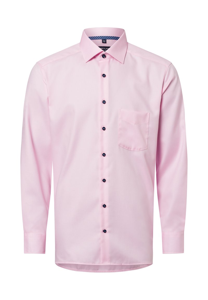 Helles rosa Langarmhemd mit Button-Down-Kragen, ausgestattet mit dunklen Knöpfen und einer Brusttasche. Glattes Material und taillierte Passform.