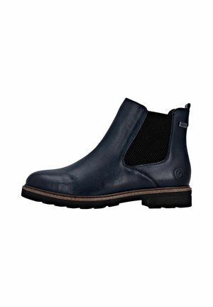 Navy leren Chelsea-boot met elastische zijpanelen, ronde neus en gestructureerde rubberen zool. Met een logo-accent nabij de hak.