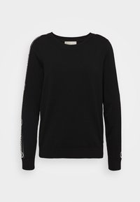 Czarny sweatshirt wykonany z miękkiej tkaniny, z długimi rękawami, okrągłym dekoltem i logo na rękawie. Klasyczny krój i gładka faktura.