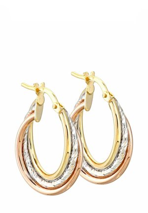 Drei ineinander verschlungene Creolen in Gold-, Roségold- und Silbertönen mit einem gedrehten Texturmuster, das den metallischen Glanz und Kontrast betont.