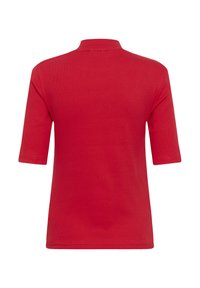 Röd kortärmad polo skjorta i ribbat tyg, med ståkrage och en enkel, ren design. Inga synliga mönster eller detaljer.
