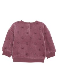 Pluche, mauve sweatshirt met een ronde hals, lange mouwen en een zwarte bloemenprint. Heeft een knoopdetail aan de achterkant en geribbelde manchetten.