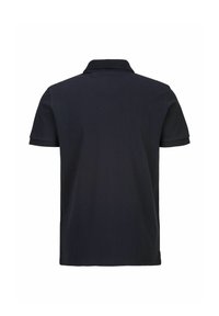 Marineblauwe polo met een geribbelde kraag en korte mouwen. Gladde, lichte stof. Rechte snit met een schone achterzijde.