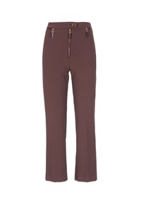 Pantaloni marroni realizzati in tessuto liscio, con zip frontale e due tasche con zip accentate in pelle in vita. Design a gamba dritta.