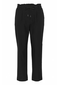 Pantaloni neri con una vestibilità ampia, dotati di una vita elastica, cordoncino regolabile e pince laterali. Il materiale appare liscio e leggero.