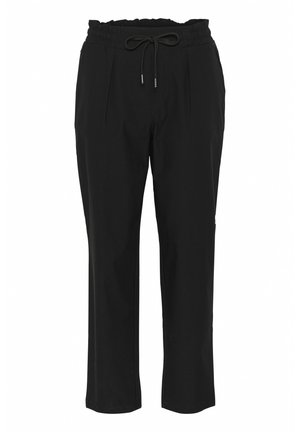 Pantalons noirs à coupe ample, dotés d'une taille élastique, d'un cordon de serrage ajustable et de plis sur les côtés. Le matériau semble lisse et léger.