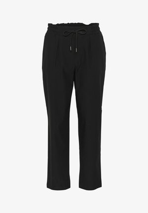 Fekete, laza szabású nadrág, rugalmas derékrésszel, állítható húzózsinórral és oldalsó redőkkel. Az anyag simának és könnyűnek tűnik.